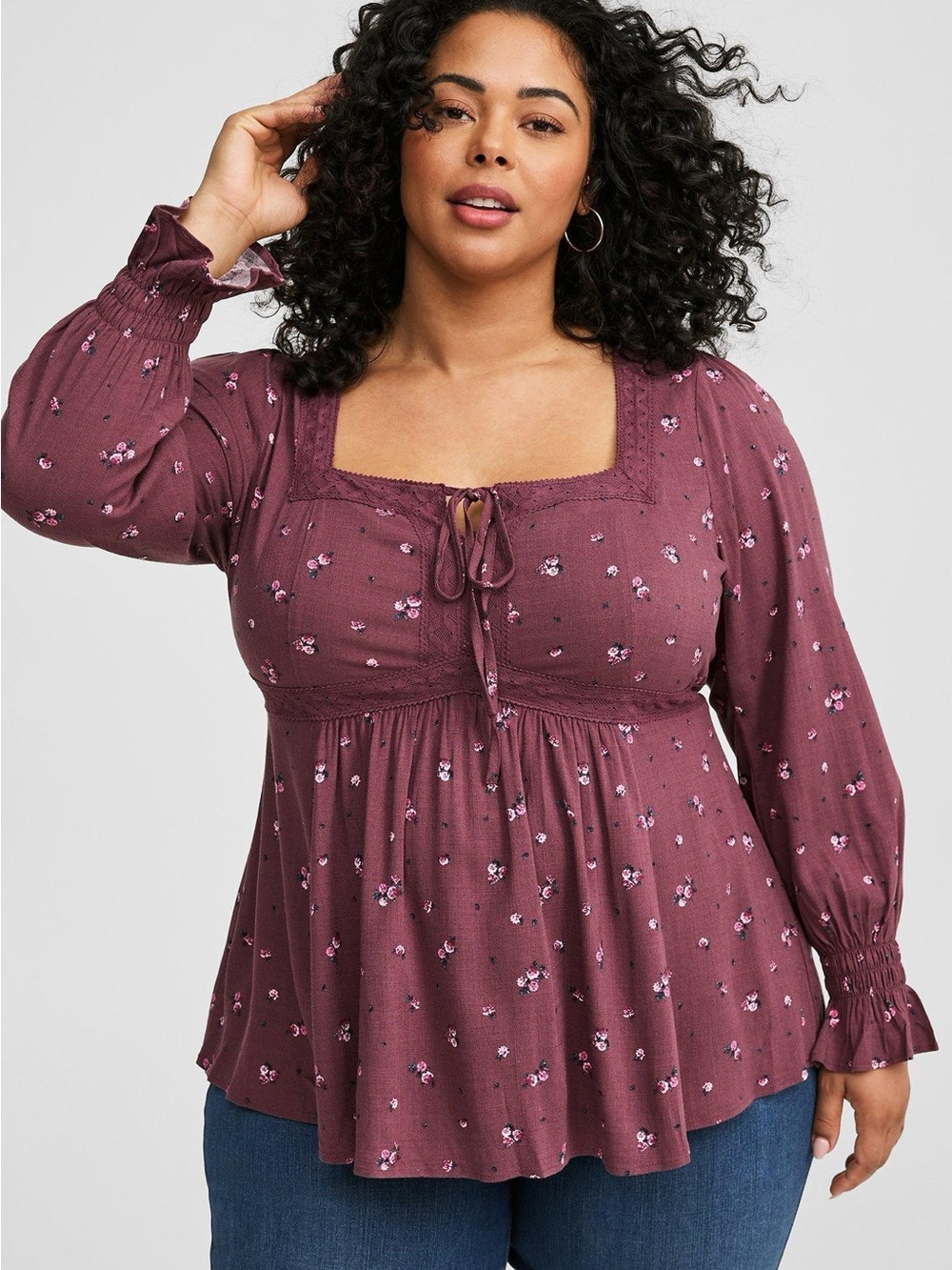 Torrid Plus Size Floral Print Babydoll Slub Lace Trim Long Sleeve Top